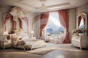 Luxury bedroom interior in classic style with a big bed and large window