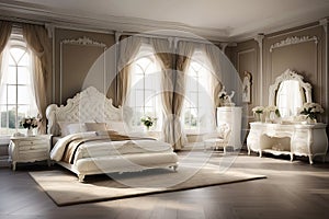 Luxury bedroom interior in classic style with a golden decoration, huge bed and large window