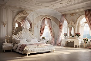 Luxury bedroom interior in classic style with a golden decoration, huge bed and large window