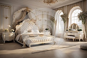 Luxury bedroom interior in classic style with a golden decoration, huge bed and large window on the wall
