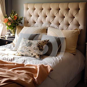 Luxury bedroom interior design with bed, pillows and flowers