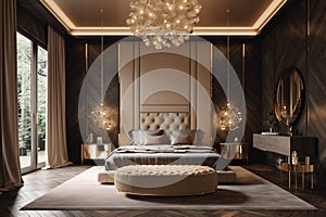 Luxury bedroom interior design. Gold decorations. Modern and prestige interior with king size bed