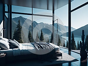 Luxury bedroom interior design with mountains and lake view.