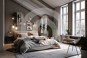 Luxury bedroom interior design. Scandinavian style