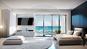 Luxury bedroom interior design with smart tv and beach view