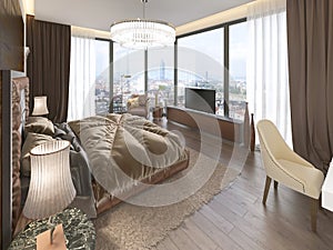 Luxury bedroom interior with fabric bed, dresser and nightstands