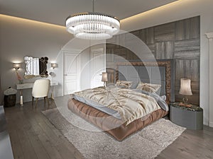 Luxury bedroom interior with fabric bed, dresser and nightstands