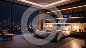 Luxury bedroom interior with furniture shelfves and panoramic window