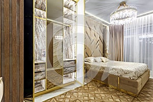 Luxury bedroom interior with parquet and mirror walls