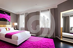 Luxury bedroom interior in purple color, nobody inside.