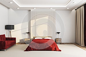 Luxury bedroom interior with red cover