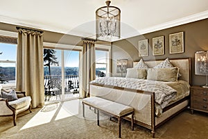 Luxury bedroom interor with scenic view from deck