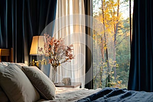 Luxury bedroom with a large window and a bedside table photo