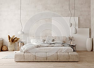 Luxury bedroom mockup interior with minimal dÃ©cor loft style and empty frame - 3d rendering photo