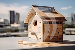 luxury birdhouse with heated floor and bathroom, and view of the city skyline