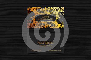 Luxury black business cards with marble texture and gold detail vector template, banner or invitation with golden foil