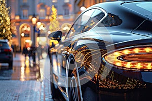 Luxury black car on the street in evening. Taillight close-up