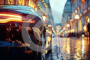 Luxury black car on street in evening. Taillight close-up