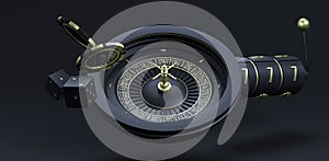 Luxury black casino roulette wheel on dark background. Online casino theme background. Close-up white casino roulette