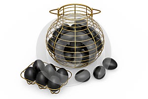 Luxury black eggs in metal basket or paper cardboard for morning breakfast