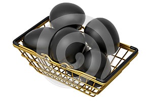 Luxury black eggs in metal basket or paper cardboard for morning breakfast