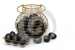 Luxury black eggs in metal basket or paper cardboard for morning breakfast