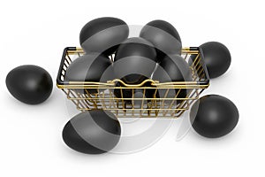 Luxury black eggs in metal basket or paper cardboard for morning breakfast