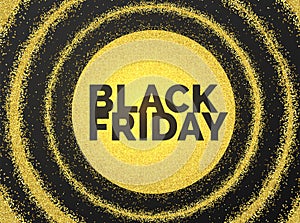 Luxury Black friday sale gold glitter vector banner. Premium special offer sticker with stylish golden sun and round