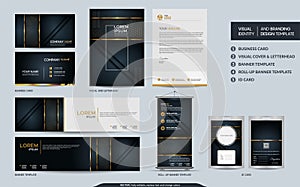 Luxury black gold stationery mock up set and visual brand identity with abstract overlap layers background photo