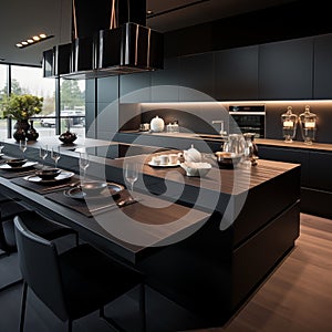Luxury black kitchen with large kitchen island and windows dark tones. Modern apartment interior design. Real estate concept