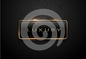 Luxury black label with golden frame sparks on black background. Dark premium logo template. Vector illustration.