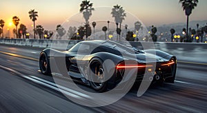 Luxury black sport car riding high speed in in night city highway road.Macro.AI Generative