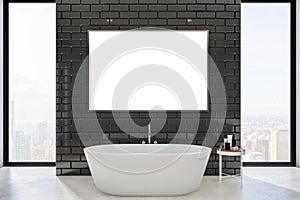 Luxury black tile, concrete bathroom interior with empty white mock up banner, bathtub, panoramic city view, daylight and other