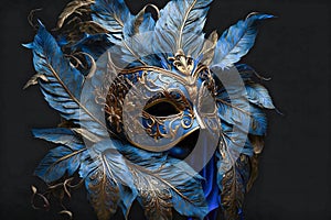 Blue carnival mask with feathers and gold elements. AI generated.