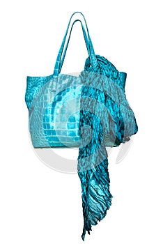 Luxury blue leather female bag with shawl