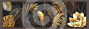 Luxury botanical art background. Tropical leaves, flowers gold wallpaper. Modern chic mural design photo