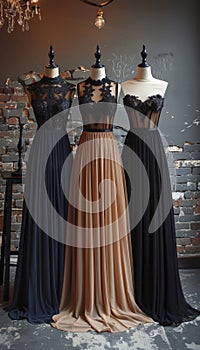 Luxury boutique with elegant prom, wedding, evening, and bridesmaid dresses available for rental.