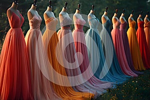 Luxury boutique offers elegant pastel formal dresses for weddings proms and events. Concept Formal