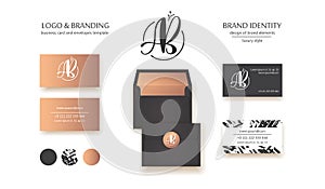 Luxury brand identity. Calligraphy AB letters - sophisticated logo design. Couple business card designs included