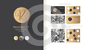 Luxury brand identity. Calligraphy R letter - sophisticated logo design. Couple business card designs included