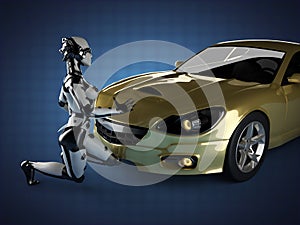 Luxury brandless sport car and woman robot photo