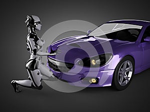 Luxury brandless sport car and woman robot photo
