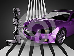 Luxury brandless sport car and woman robot photo