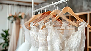 Luxury bridal gowns on hangers in boutique bridal shop, elegant white wedding dresses close up