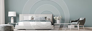 Luxury bright bedroom design, modern white bed and elegant home accessories on pastel blue wall background