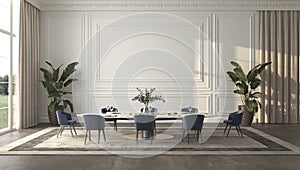 Luxury bright dining room with sun light and nature view background. Large windows, classic panels wall mock up, table with