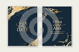Luxury brochure, cover, wadding card template with geometric frame. Blue and gold marble texture.