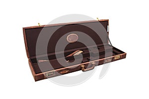 Luxury brown leather case with gold-plated combination locks for arms isolated on white