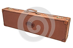Luxury brown leather case with gold-plated combination locks for arms isolated on white