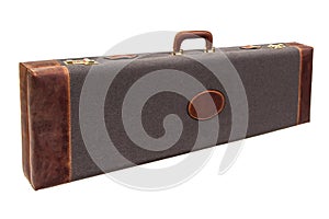 Luxury brown leather case with gold-plated combination locks for arms isolated on white